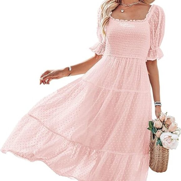 Amazon Dresses & Skirts - NWT MEROKEETY Square Neck Puff Sleeve Midi Dress Pink Size Large
